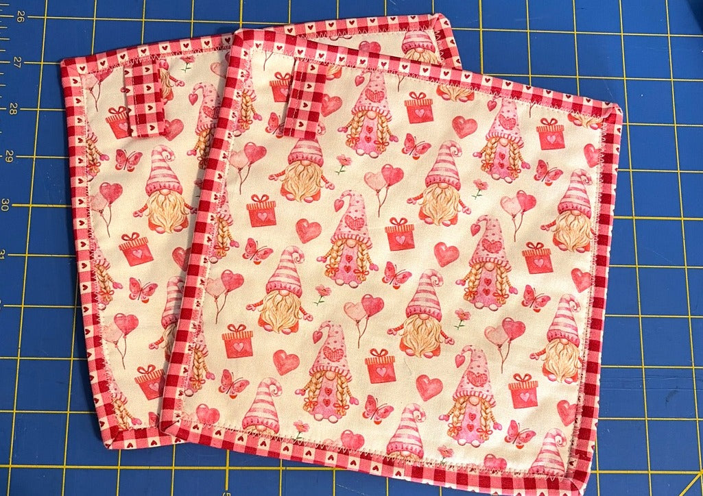 Pink Gnomes quilted cotton potholders, set of 2
