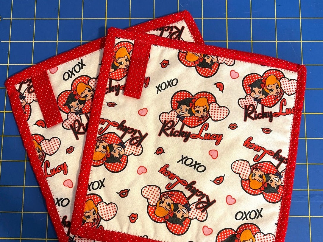 Retro Couple quilted cotton potholders, set of 2